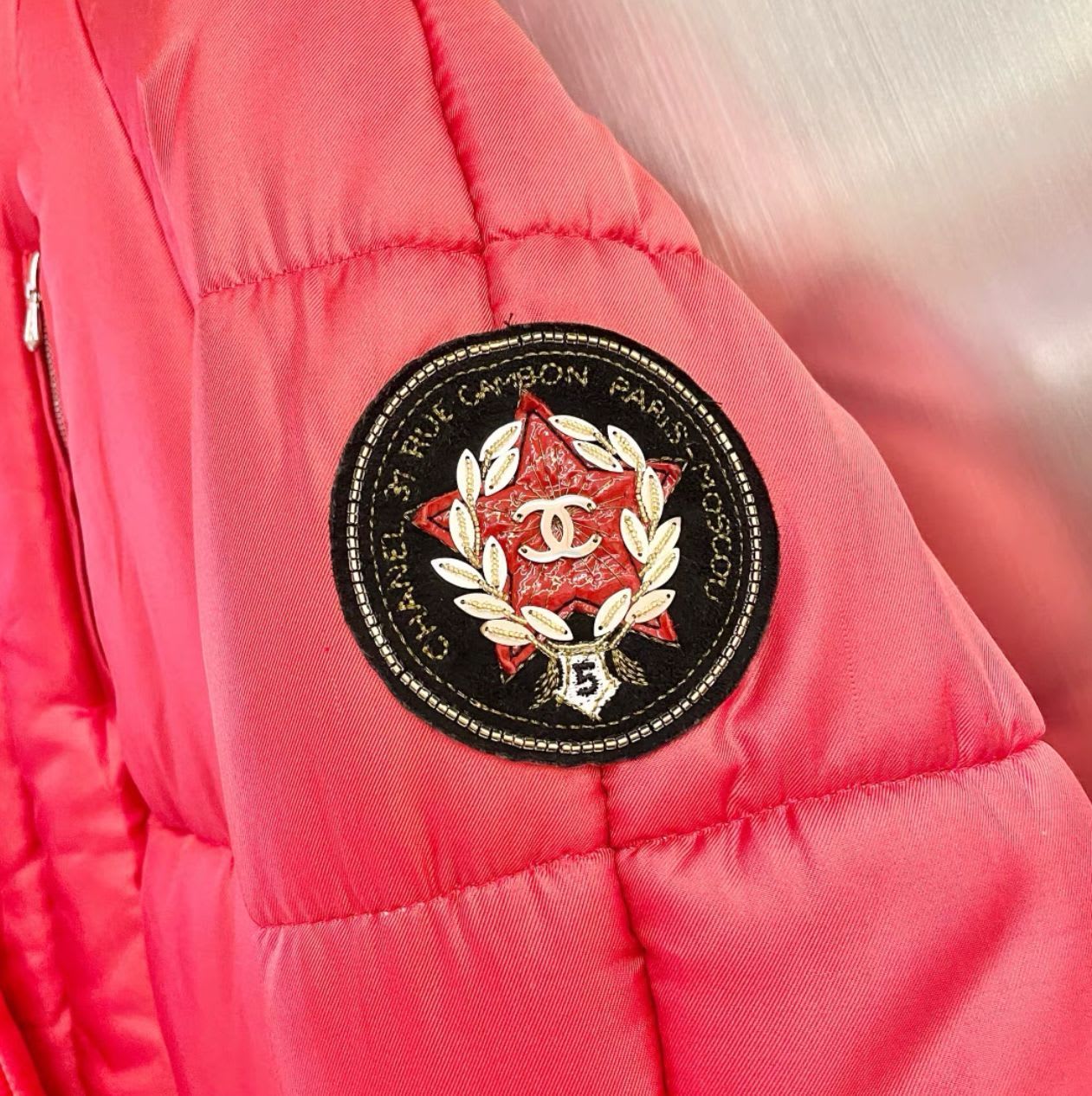 CHANEL red silk PARIS MOSCOW Puffer Down Jacket - Image 3