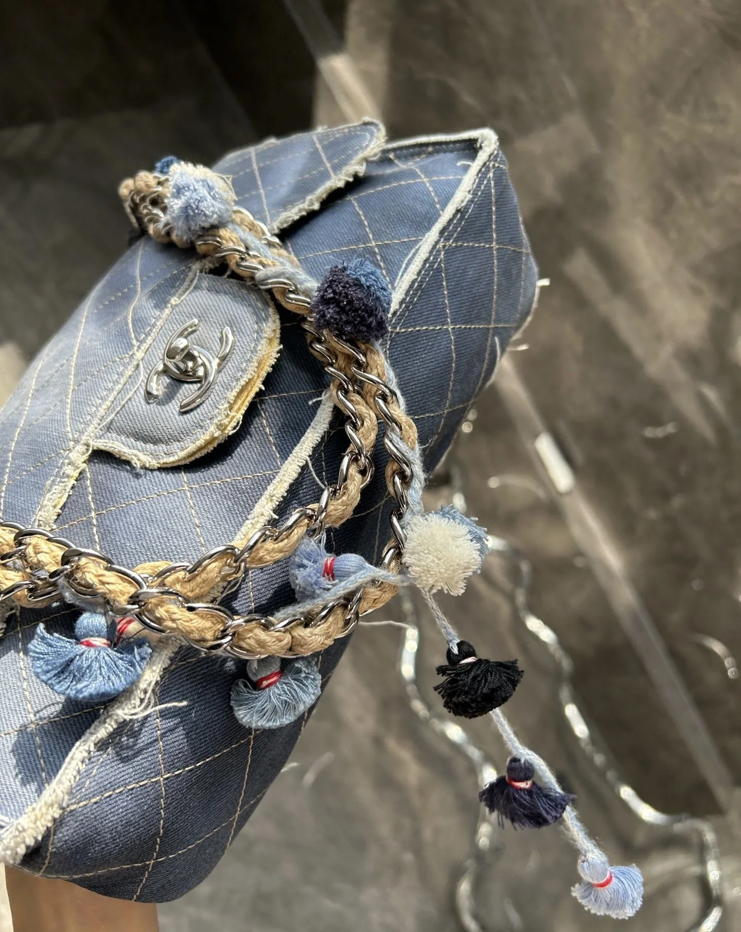 Chanel denim fur ball tassel jumbo - Image 3