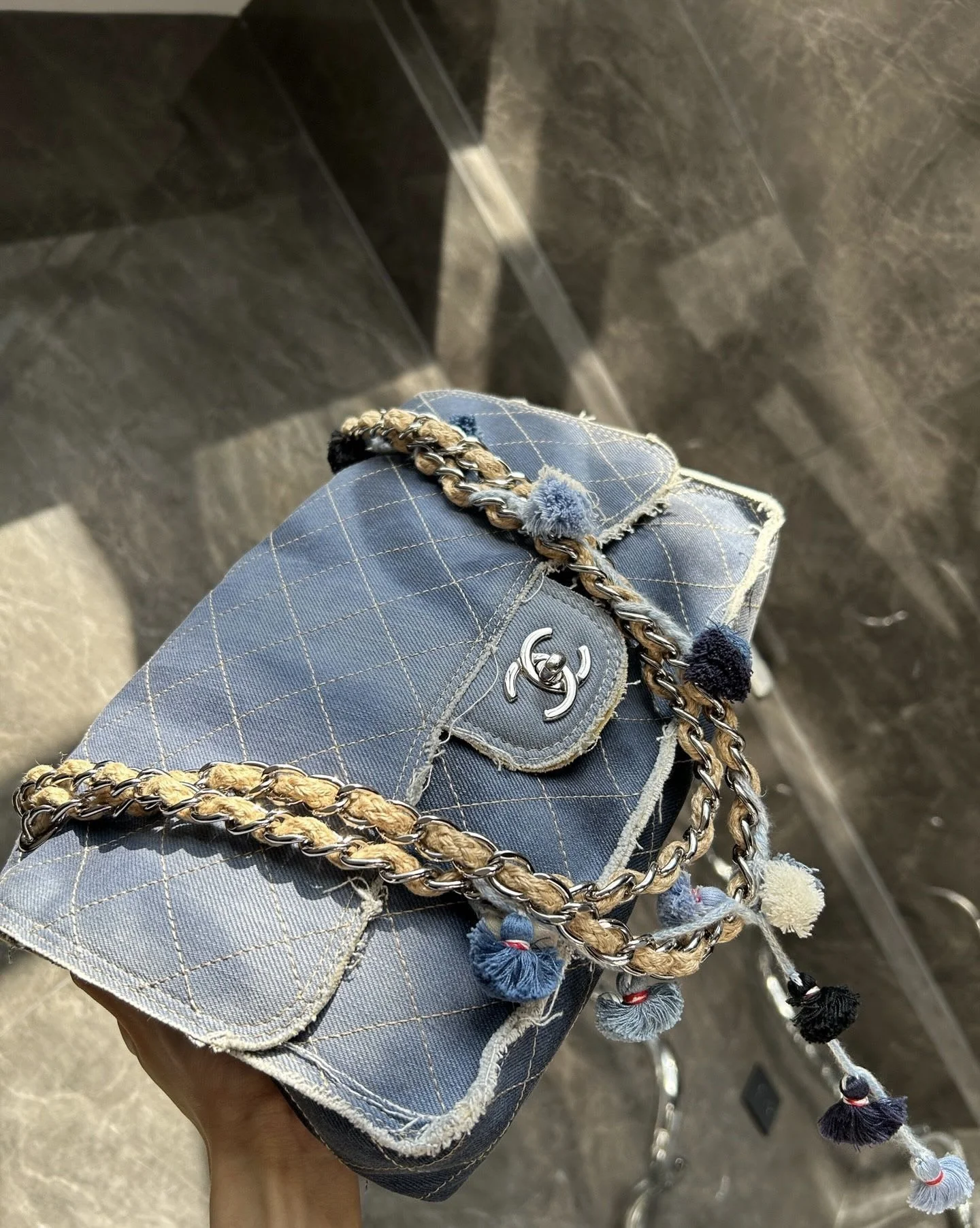 Chanel denim fur ball tassel jumbo - Image 4