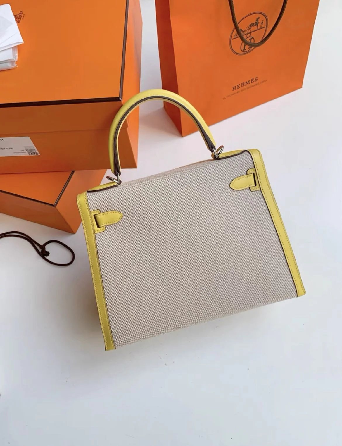 HERMES kelly28 9o Naples yellow patchwork canvas silver - Image 4