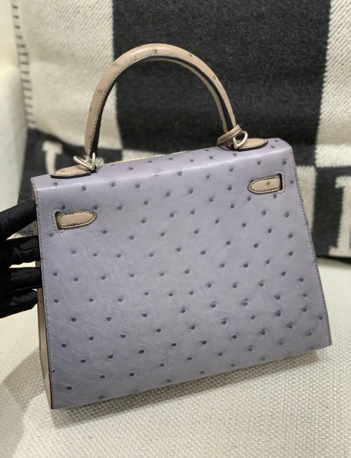 Hermès Kelly Sellier 25 Horseshoe Stamp (HSS), Bi-Color: Gris Agate, Ostrich Leather, Palladium Hardware - Image 3