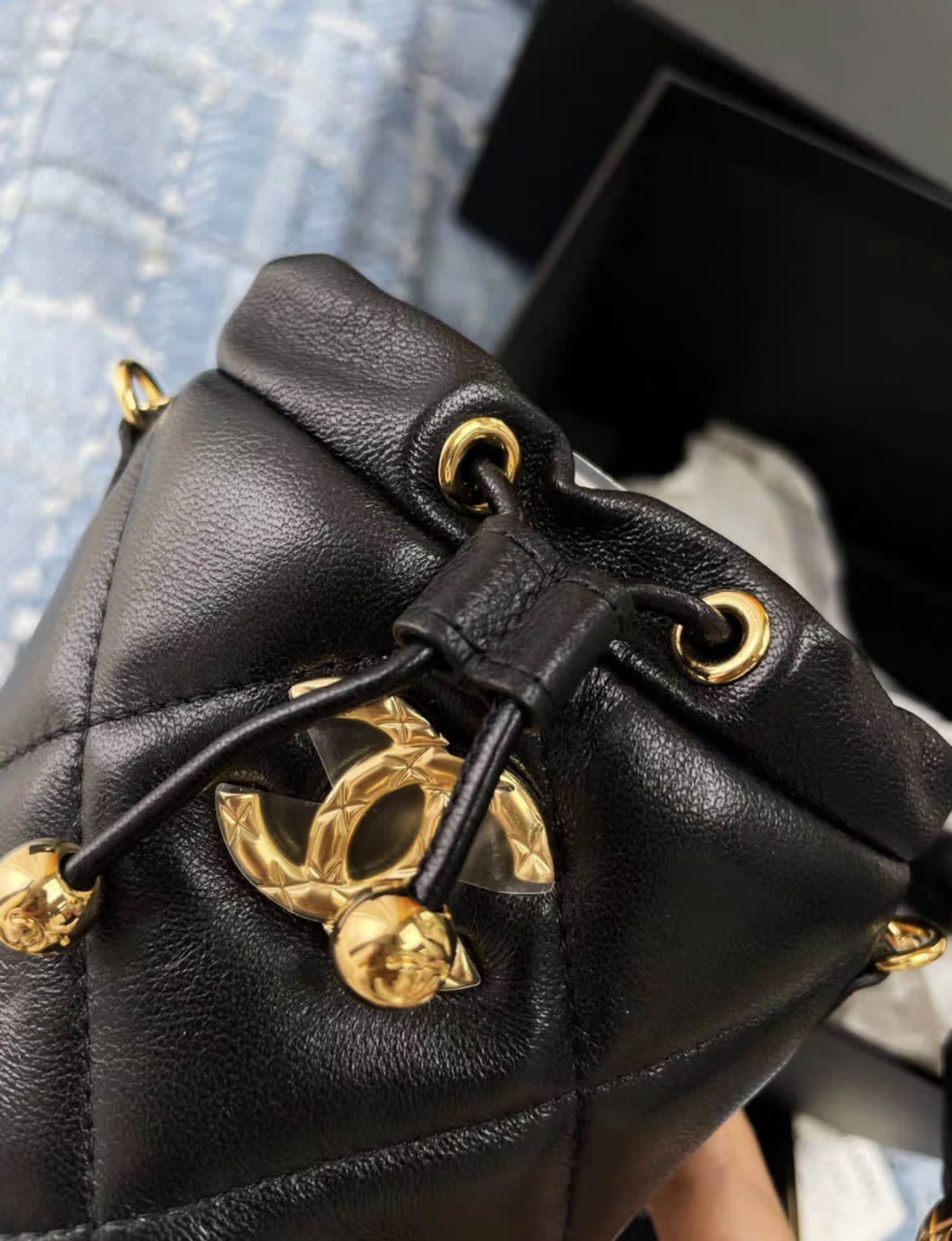 Chanel Mini Bucket Fluffy Chain Black Lambskin Gold Hardware Bag - Image 3