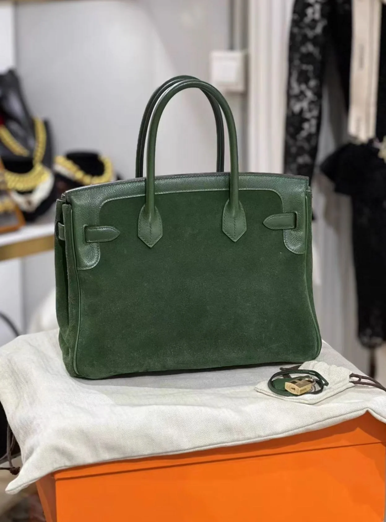 Hermes birkin30 green suede, - Image 4