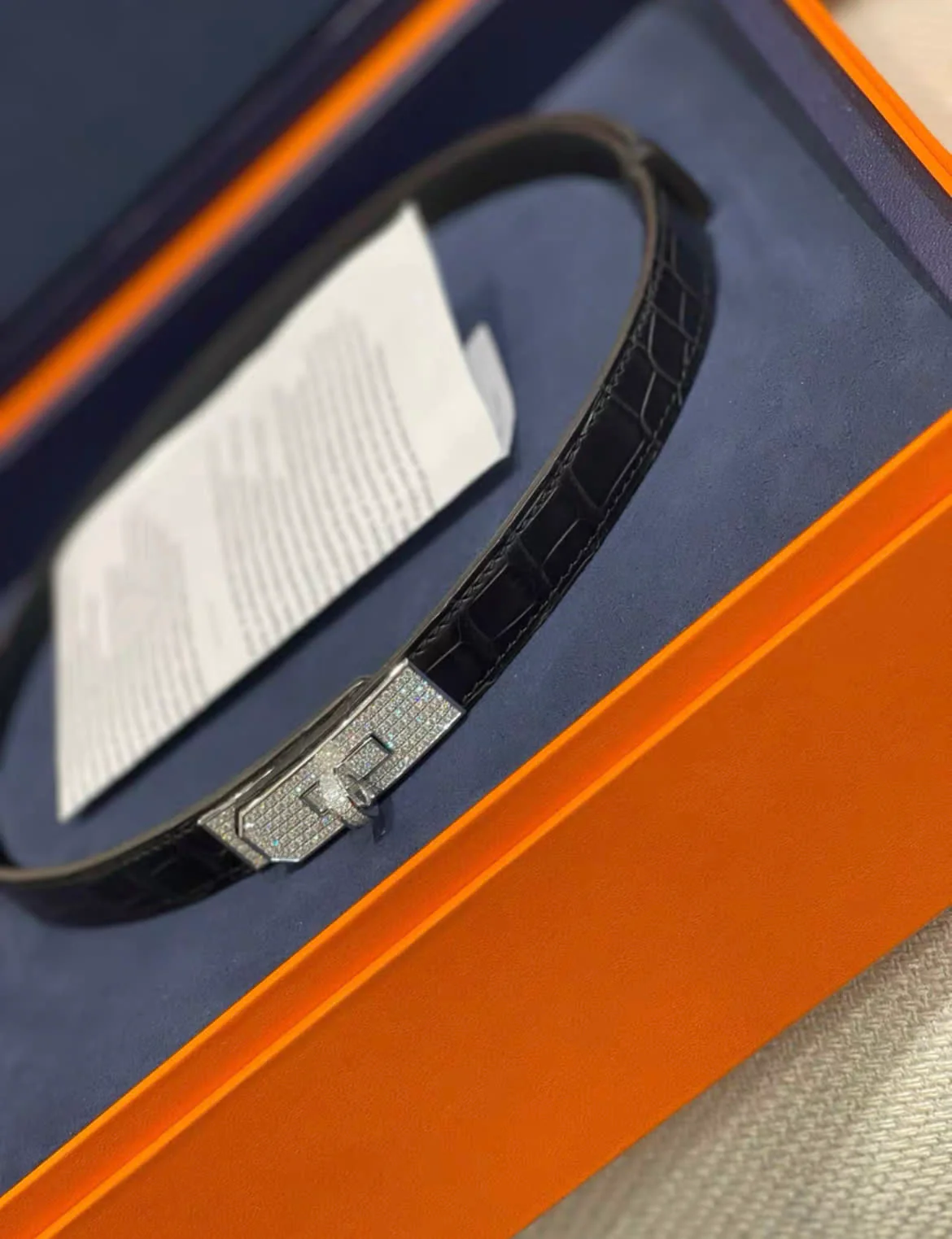 Hermes Platinum Diamond Matte Alligator Kelly Belt Black - Image 3