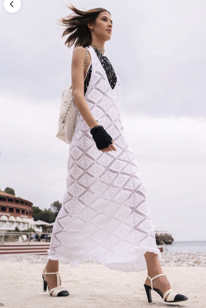Chanel 23C Runway MONTE CARLO WHITE CROCHET KNIT MACRAME DRESS  38FR - Image 3