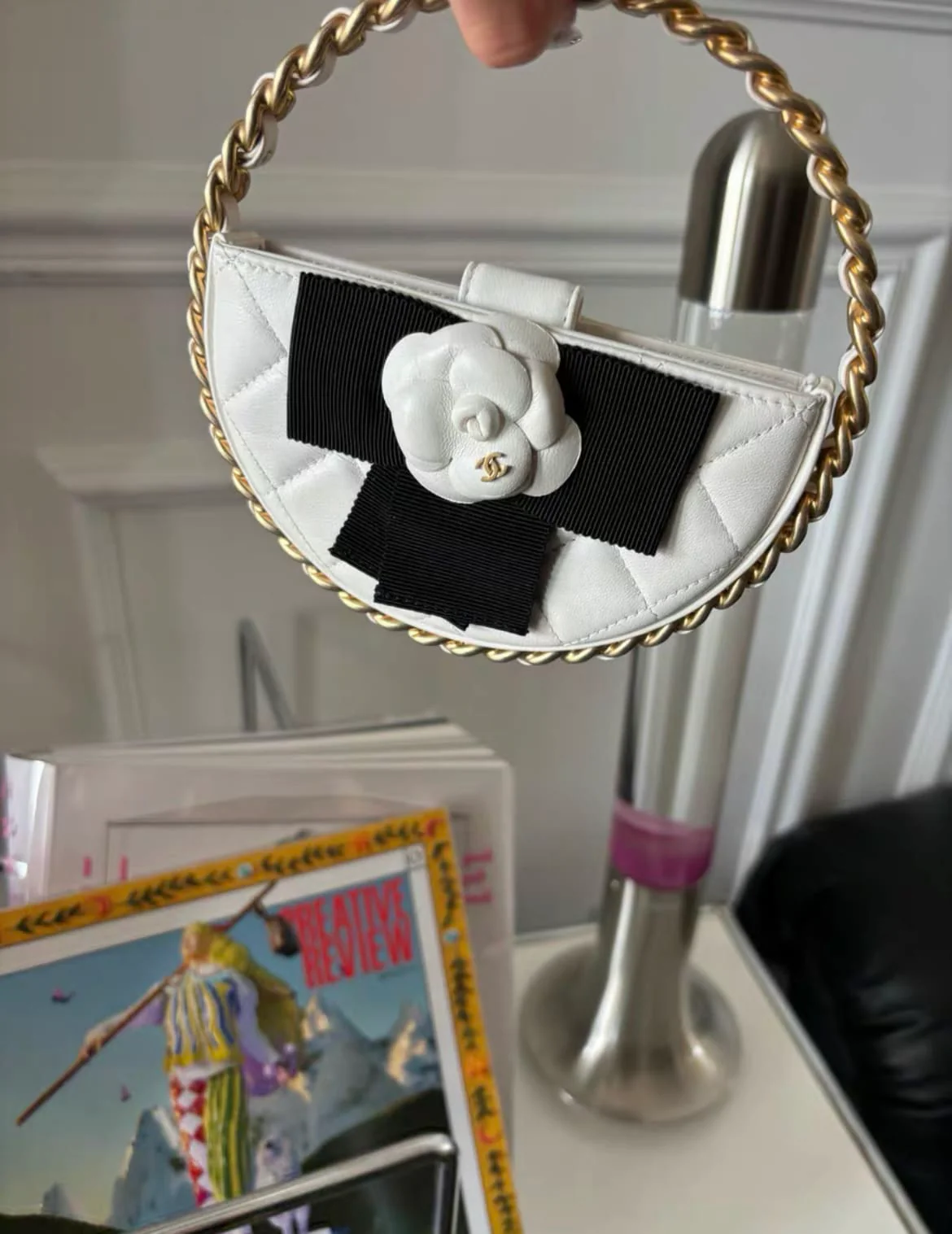 Chanel 23  White Quilted Leather Mini Round Camellia Clutch - Image 4