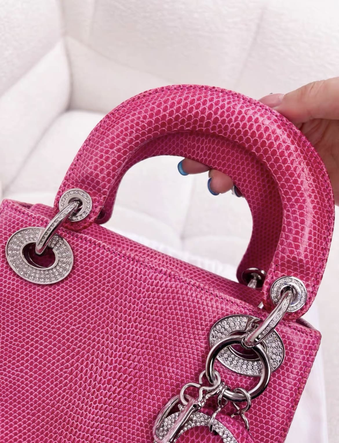 Christian Dior Lady Dior Bag Pink Lizard with Crystal Charms Mini - Image 3