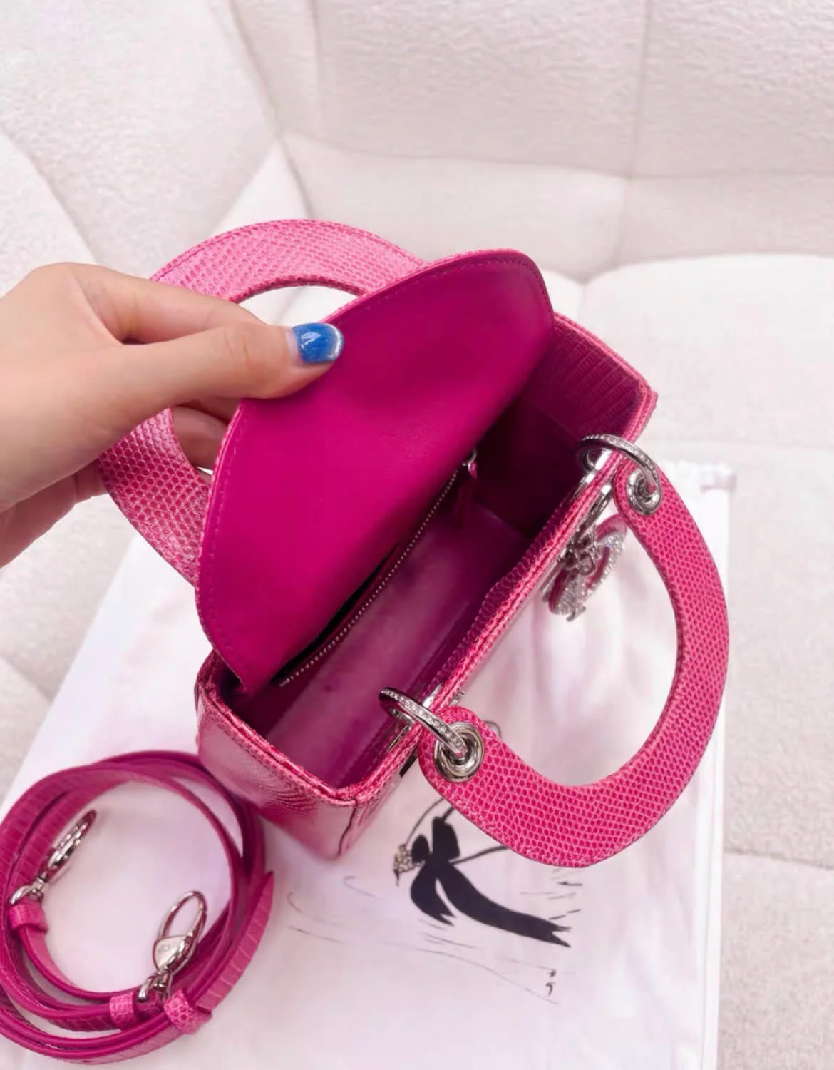 Christian Dior Lady Dior Bag Pink Lizard with Crystal Charms Mini - Image 4