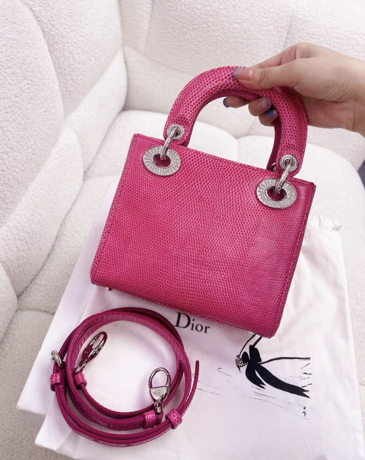 Christian Dior Lady Dior Bag Pink Lizard with Crystal Charms Mini - Image 5