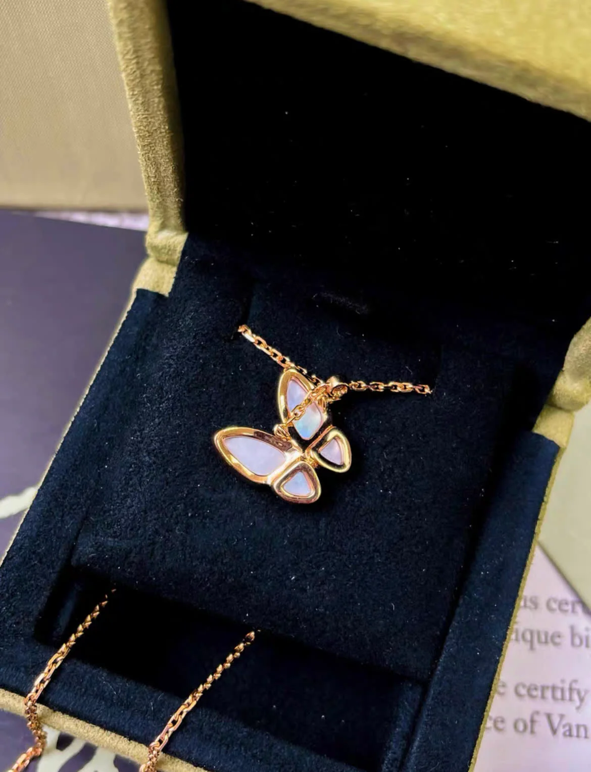 VCA Van Cleef & Arpels butterfly rose gold mother-of-pearl diamond necklace - Image 4
