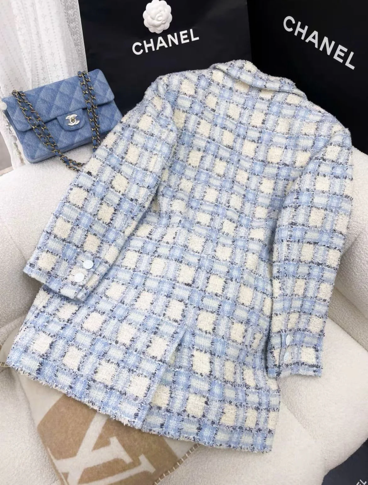 Chanel 2022 light blue Plaid Print Coat - Image 4