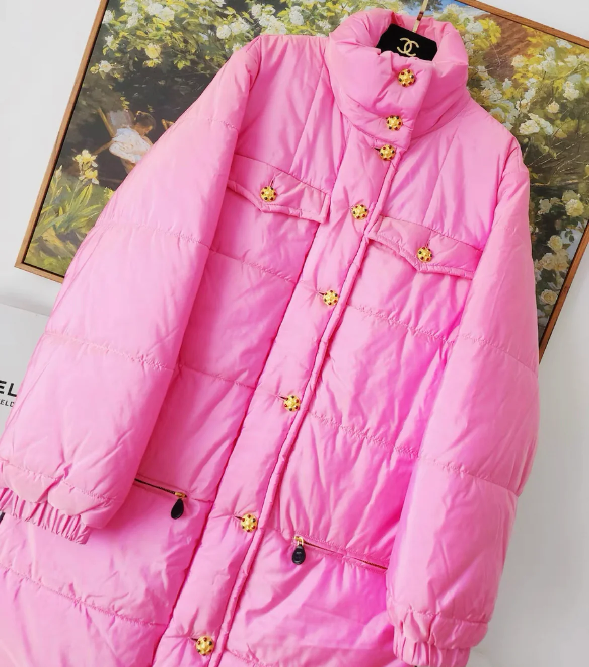 Rare Vintage Chanel by Karl Lagerfeld pink silk puffer coat with Gripoix buttons, fw 1996 - Image 4