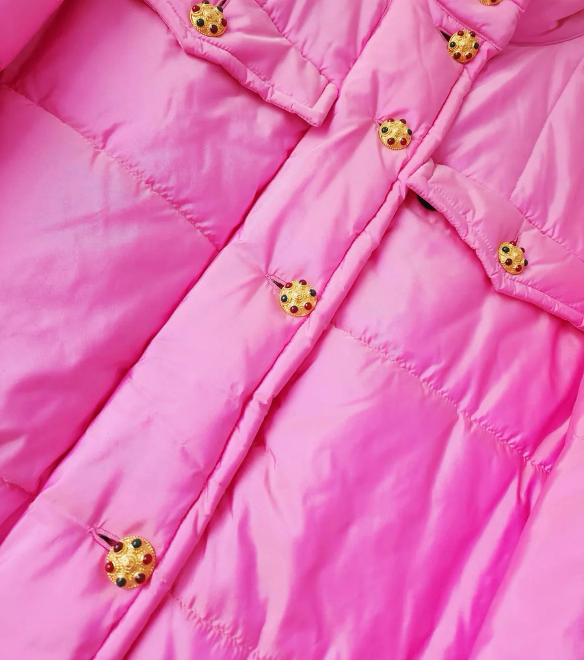 Rare Vintage Chanel by Karl Lagerfeld pink silk puffer coat with Gripoix buttons, fw 1996 - Image 6